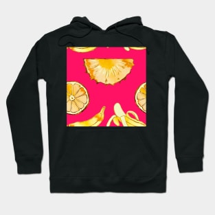 yellow, pineapple, banana, yellow, orange, juicy, fruit, glitter, gold, summer, pattern, funny, sunny, vivid, pink Hoodie